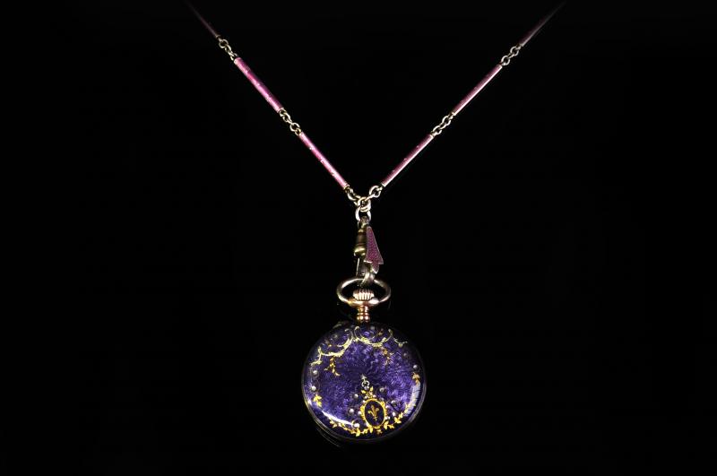 Enamel and silver pocket watch and chain, purple guilloche enamel pocket watch case with yellow - Image 2 of 2