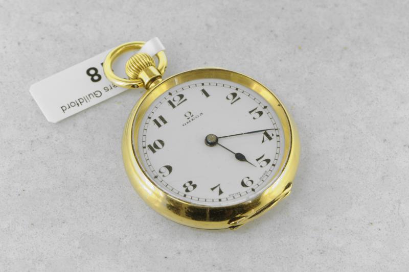 18ct yellow gold Omega pocket watch, white round dial with Arabic numerals, inside of case - Image 2 of 5