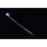 Pearl and diamond set stick pin, white round pearl, with rose cut diamond, mounted in 14ct yellow