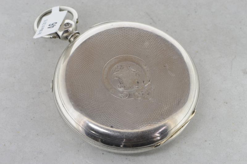 Victorian open faced silver pocket watch by John Johnson, circular dial with Roman numerals and - Image 2 of 3