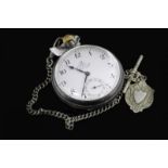 Silver Omega pocket watch, round white dial with Arabic numerals and subsidiary dial, marked 'Omega,