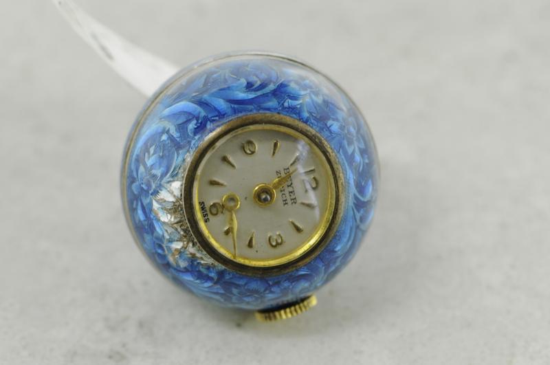 Blue guilloche enamel ball fob watch, Beyer Zurich marked on white round dial with Arabic numerals