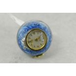 Blue guilloche enamel ball fob watch, Beyer Zurich marked on white round dial with Arabic numerals