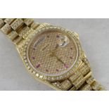 Gentlemen's Rolex Day Date wristwatch, after set diamond dial with ruby dot and baton hour