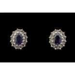 Sapphire and diamond cluster earrings, central oval cut sapphires, surrounded by round brilliant cut