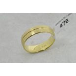 18ct yellow gold wedding band, brushed gold finish, with polished gold linear detail, hallmarked