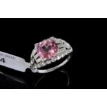 Art Deco pink tourmaline and diamond dress ring, central round checkerboard cut pink tourmaline,