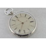 Victorian open faced silver pocket watch by John Johnson, circular dial with Roman numerals and