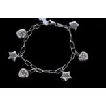 Charm bracelet, three heart charms with three star charms, white metal stamped 14ct, gross weight