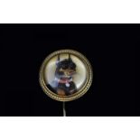 Early 20th Century, Essex crystal stick pin, gold backed reverse intaglio of a Chihuahua, black