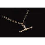 9ct yellow gold figaro link necklace suspending a 'T' bar pendant, chain length approximately 45.