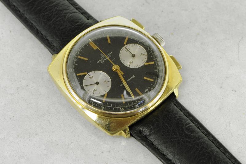 Breitling vintage Top Time wristwatch, round black dial with baton hour markers and two subsidiary