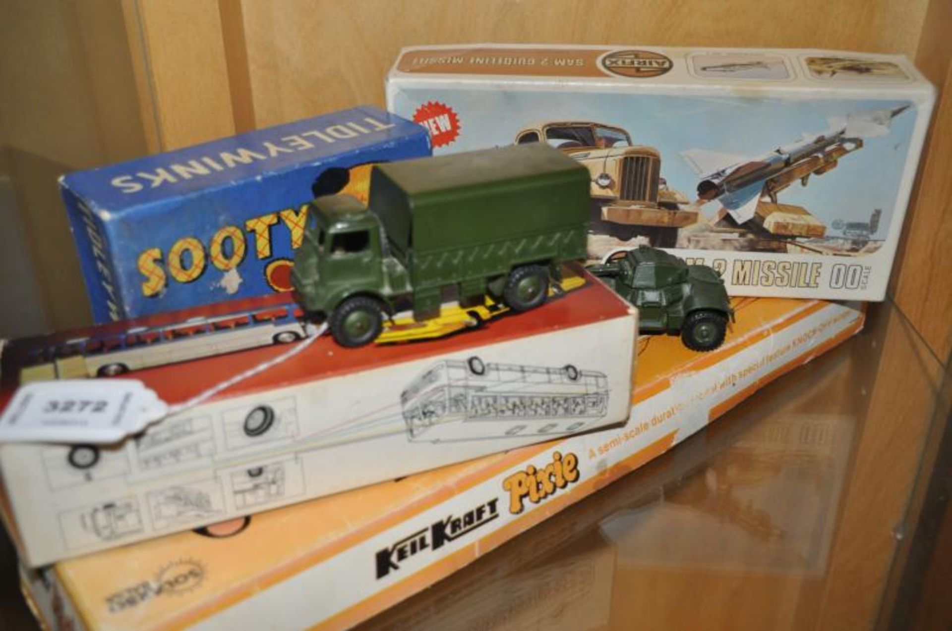 A boxed Airfix SAM-2 missile, scale model - Keil Kraft balsa wood glider kit, Sooty Tiddly Winks,