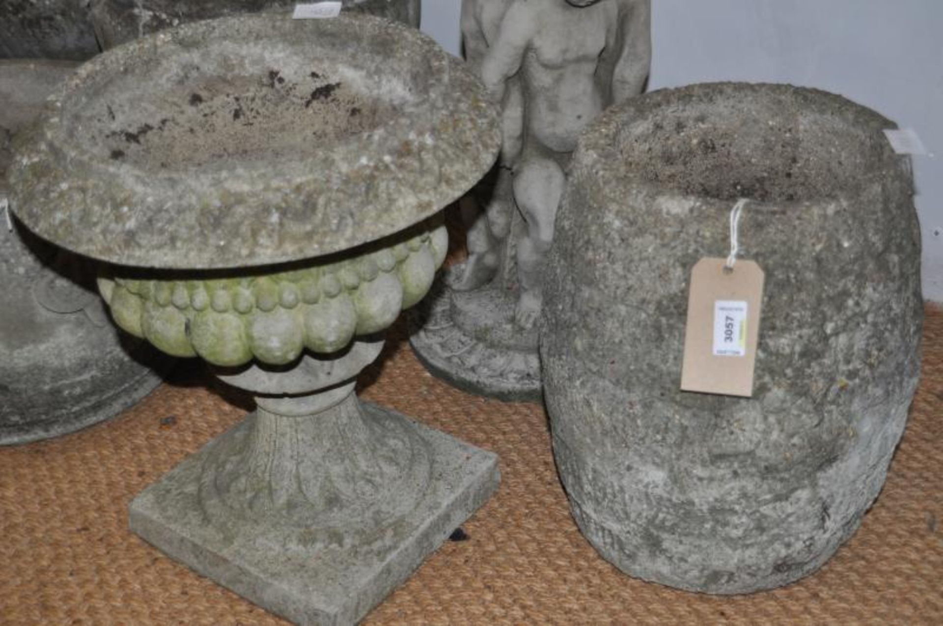 Composition stone urn and a composition stone barrel planter, 360mm high