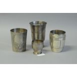 *Three French white metal beakers and one Art Deco egg cup, all marked as 925 standard, gross weight