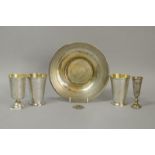 *A pair of Russian white metal beakers with gilt interiors marked 875, and two kiddush cups marked