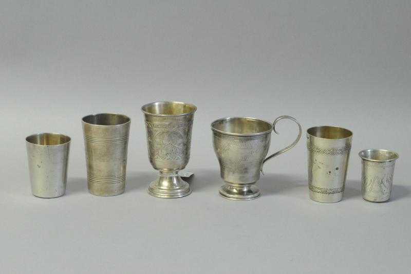 *Judaica - Six various Russian white metal kiddush cups, 19th century and later, all with Russian