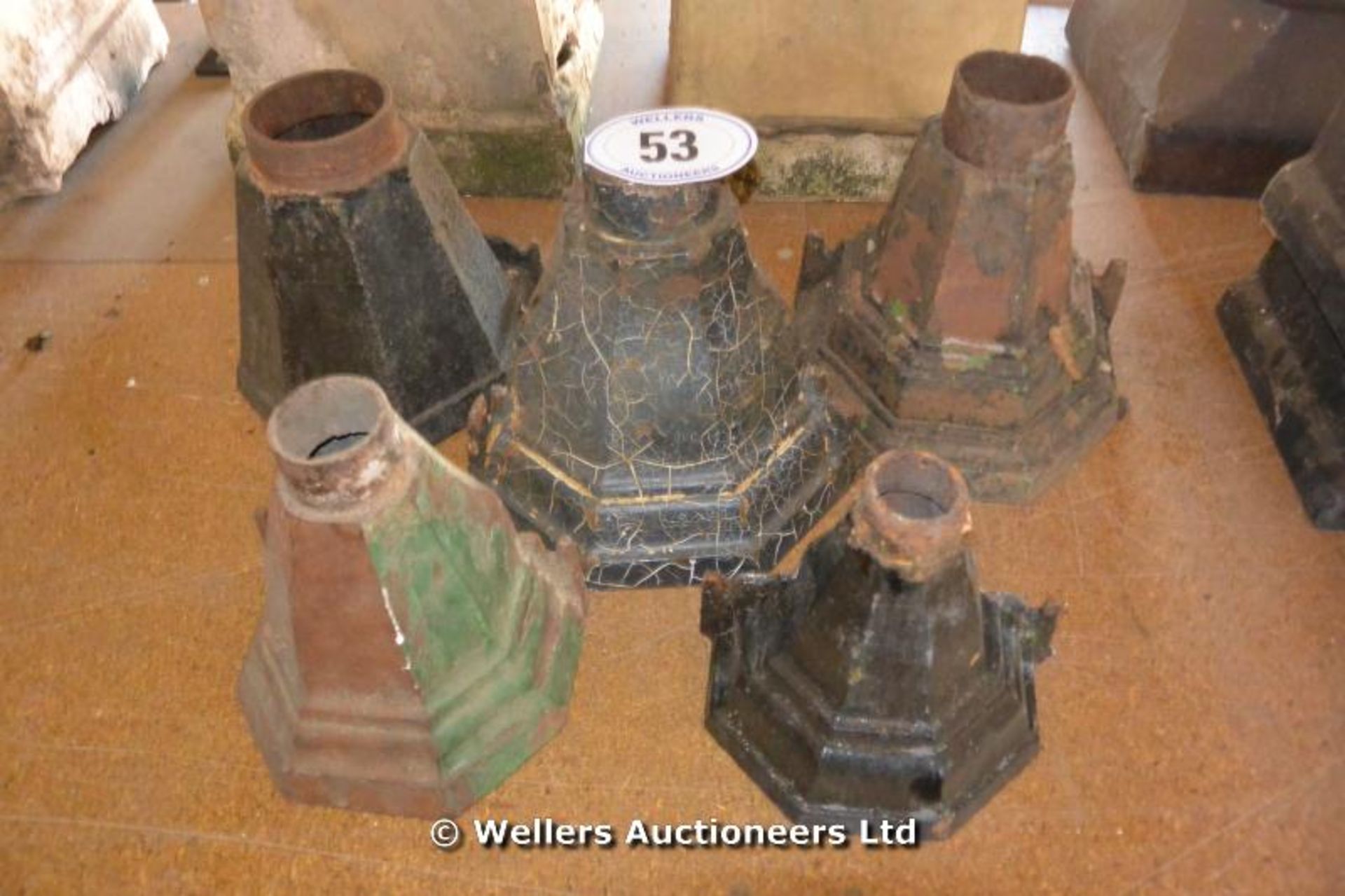 FIVE ASSORTED VICTORIAN CAST IRON HOPPERS, TALLEST 260 HIGH