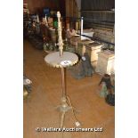 A BRASS TRIPOD BASE LAMP STANDARD WITH MID SECTION INTEGRAL TABLE, 1350 HIGH