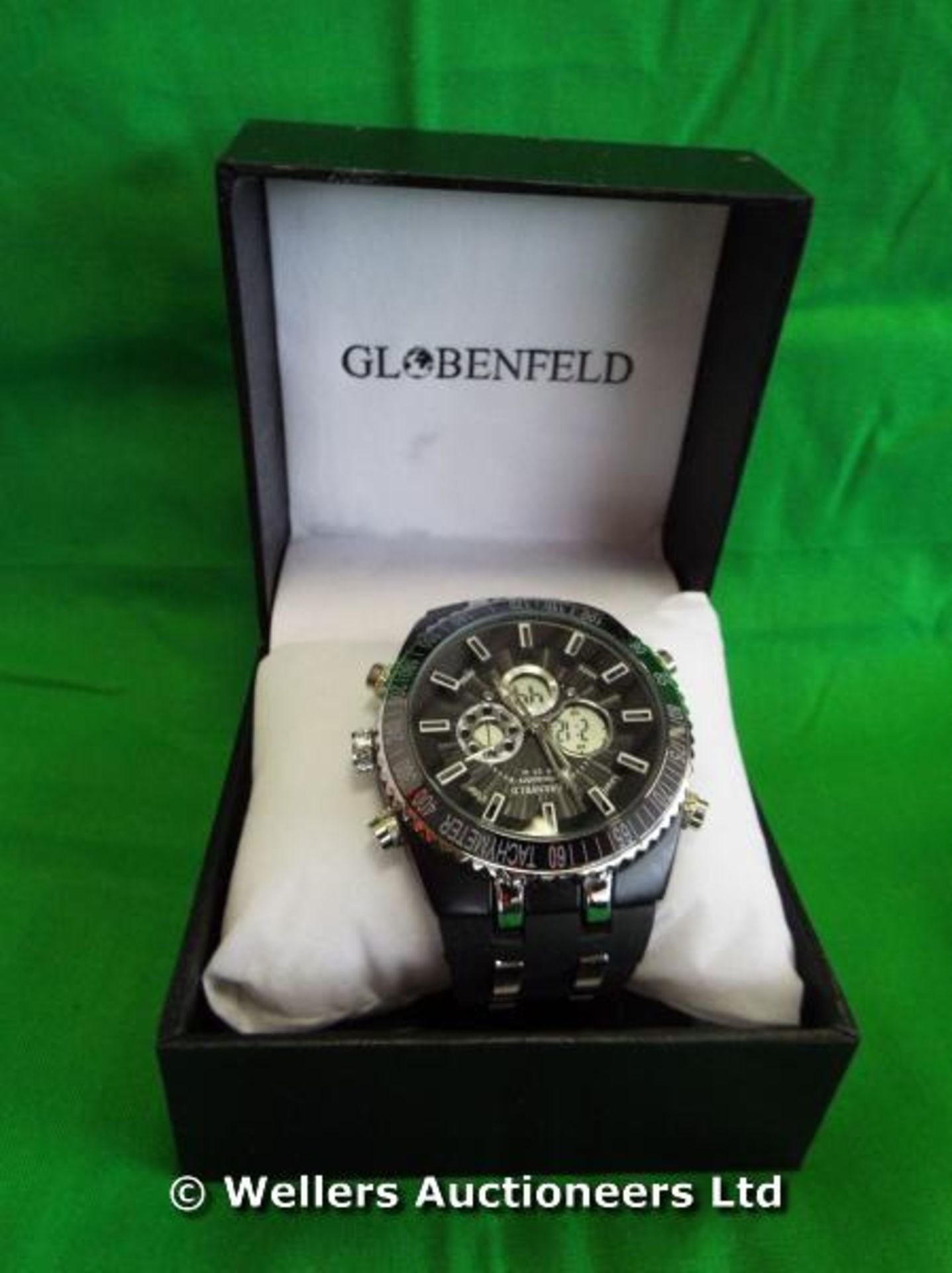 *GLOBENFIELD JETMASTER CIRCULAR DIAL RUBBER STRAP WATCH / GRADE: NEW / BOXED (DC2) {#1145 [