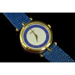 Ladies' Gucci wristwatch, blue and white dial with Roman numerals, gold plated case with Gucci