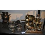 A brass coffee grinder, five pewter tankards and other metalware including a brass door stop