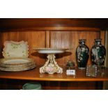 A pair of glass inkwells, a pair of small Cloisonne style vases, a cake stand and some decorative