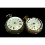 Georgian silver pair cased pocket watch, white enamel dial with Roman numerals, hallmarked London