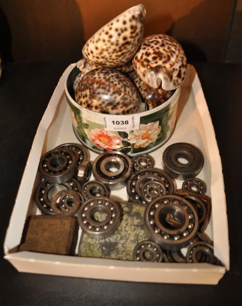 Eight Abalone seashells and a quantity of ball bearings etc