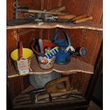 A quantity of vintage gardening tools including small forks, dibber, child's rake, toy buckets and