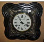 Victorian angular shaped ebonised cased clock with enamel dial and mother of pearl inlay
