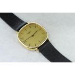 Gentleman's Longines wristwatch, gilt dial with baton hour markers, gold plated cushion shaped case,