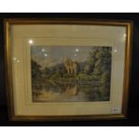 W F Sedgwick - watercolour, round abbey by river, framed and glazed, 360 x 260mm