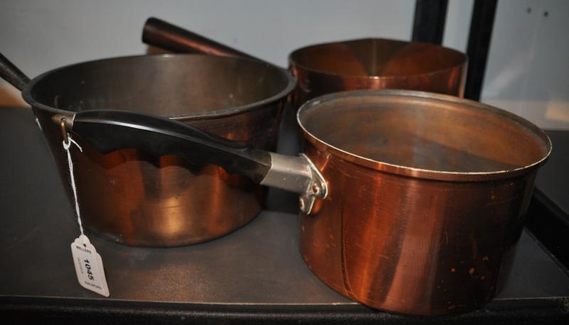 Three assorted copper Victorian saucepans