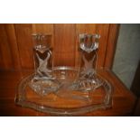 A Leroc Czechoslovakian Art Deco dressing table set with frosted glass birds comprising tray and two