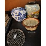 A Swiss handpainted cowbell, a Chinese blue and white vase (no marks), a Denby stoneware jelly mould