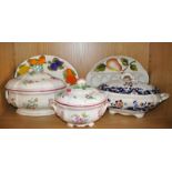 Three porcelain tureens and covers, together with two salad plates