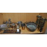Four copper door finger plates, a brass door knocker, two brass trench art vases dated 1916 and a