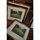 Four large framed prints depicting golf courses, including Foxhills and Wentworth