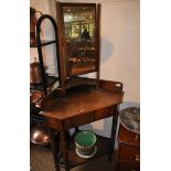 Oak corner washstand with single drawer and swing mirror