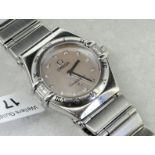 Ladies Omega Constellation wristwatch, mother of pearl, diamond set dial, stainless steel case and