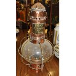 A Hanging copper and glass oil lamp with brass plaque "Thames Steamship Co London"