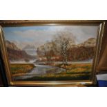 "Donald Ayres ""A River Through Mountainous Landscape"" oil on canvas, 75x50cm"