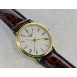 *Gentlemen's Longines wristwatch, white circular dial with Roman numerals, on a brown leather