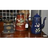 Two hand painted enamelled teapots and a W Bullock & Co. coffee mill