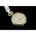 Decorative continental 935 silver pocket watch, white enamel dial with Roman numerals and yellow