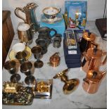 *A silver plated hot water jug, pewter tankards, heavy brass door handle and other items of souvenir