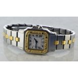 Ladies' bi-colour automatic Cartier Santos wristwatch, square dial with Roman numerals, surrounded