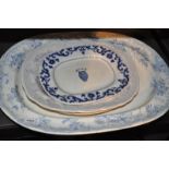 Seven meat plates including Bentick stoneware and blue and white willow pattern