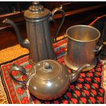 *Pewter biscuit barrel, teapot and hot water jug (Lot subject to VAT)